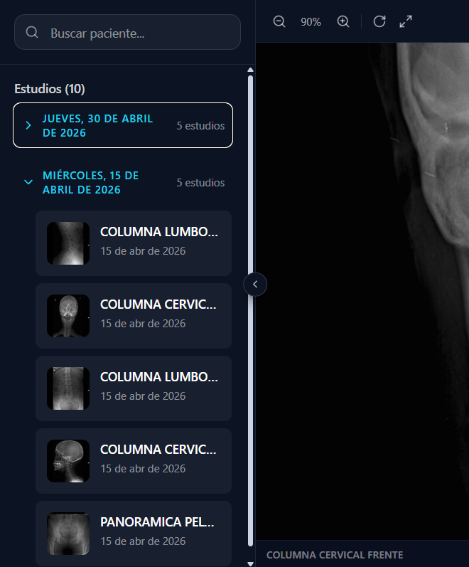 Lista de estudios con miniaturas y filtros por fecha