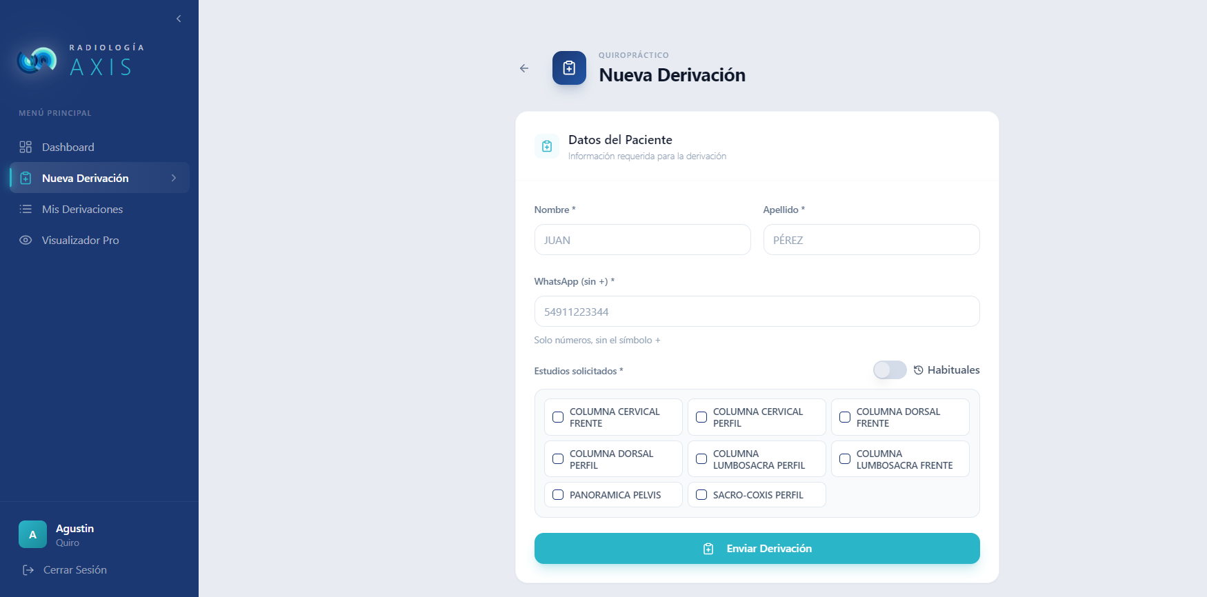 Panel de Nueva Derivación — datos del paciente y selección de estudios solicitados